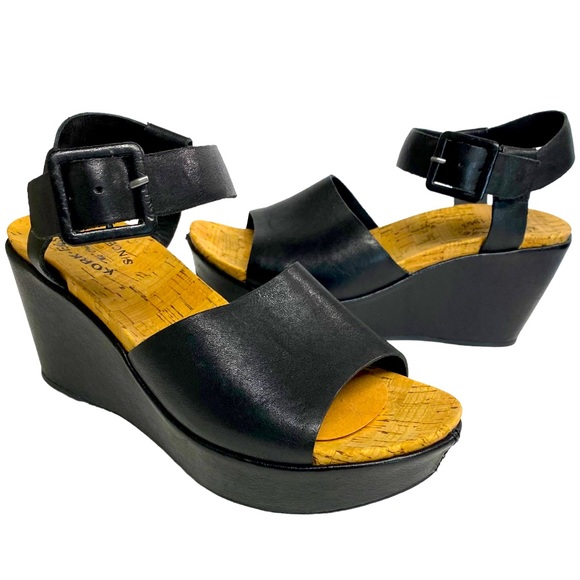 KorkEase Shoes Korks By Korkease Black Leather Ankle Strap Wedge